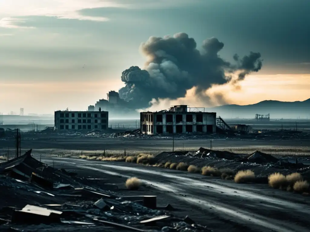 Un paisaje desolado y wartorn con restos de edificios destruidos y una densa niebla de contaminación radioactiva