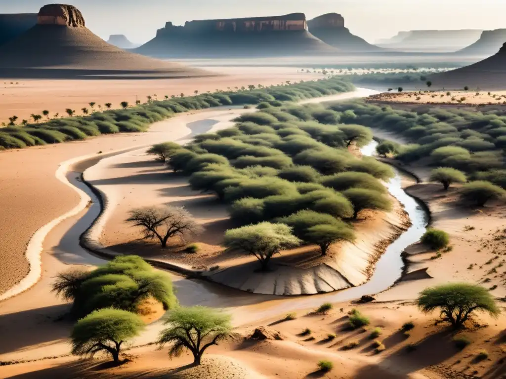 Un paisaje desolado en África subsahariana con un lecho de río seco y árboles marchitos