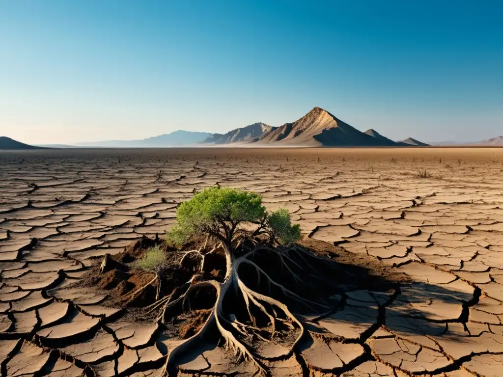 Un paisaje desolado con tierra agrietada y vegetación marchita bajo un cielo despejado