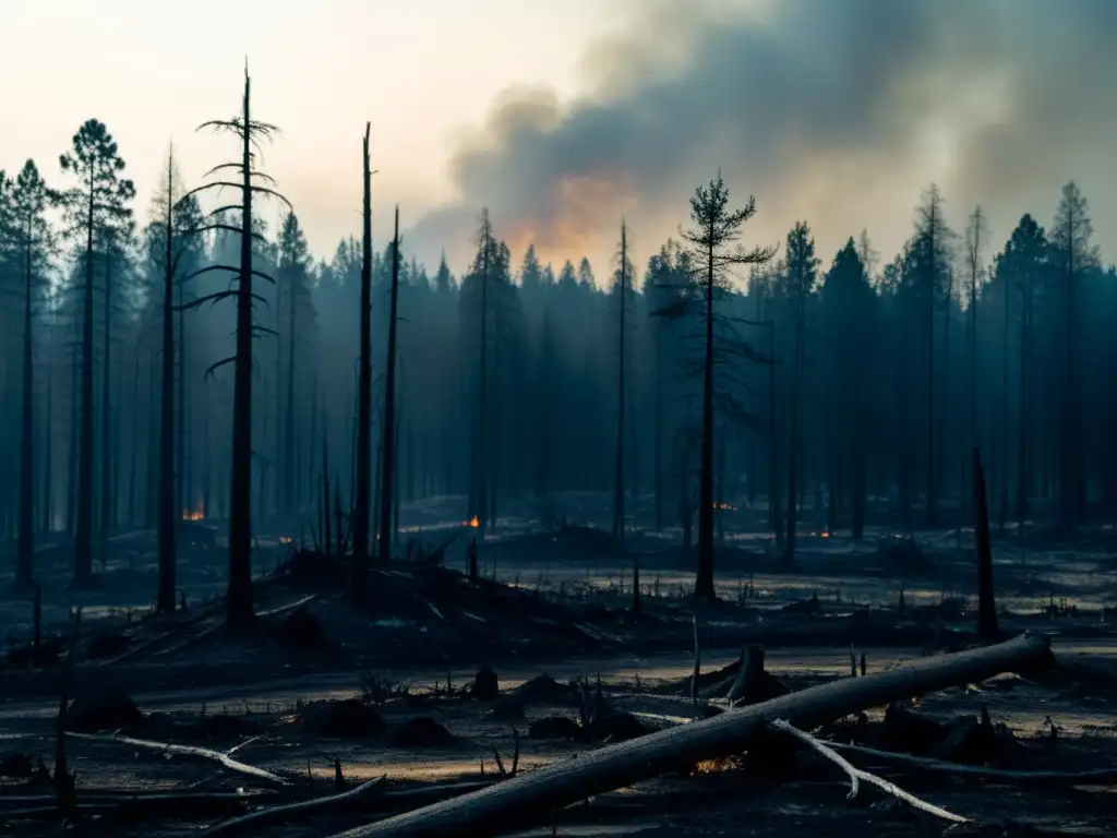 Un paisaje desolador de un bosque quemado, mostrando el impacto devastador de los incendios forestales en los derechos humanos en zonas afectadas