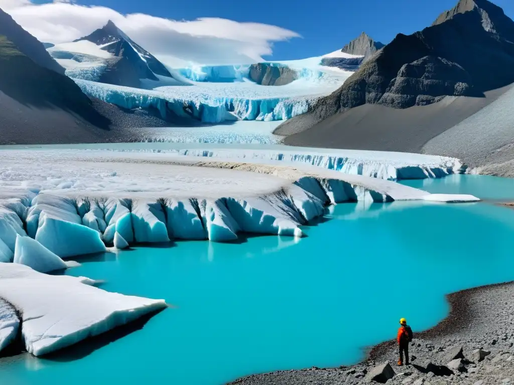 Un paisaje desolador de un glaciar derritiéndose rápidamente, con hielo azul intenso y un lago glacial turquesa