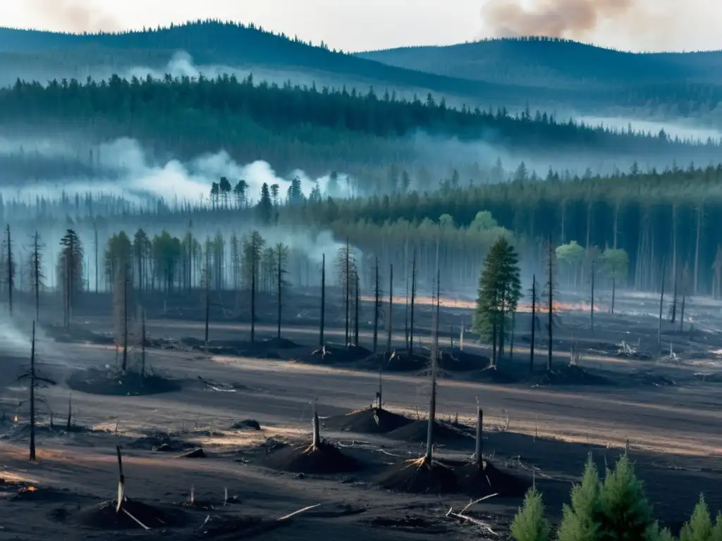 Un paisaje desolador de tierra deforestada y contaminación, evocando el impacto ambiental de políticas autoritarias