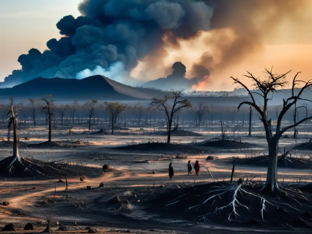 Un paisaje desolador de tierra quemada y árboles carbonizados, con una comunidad indígena reflexiva