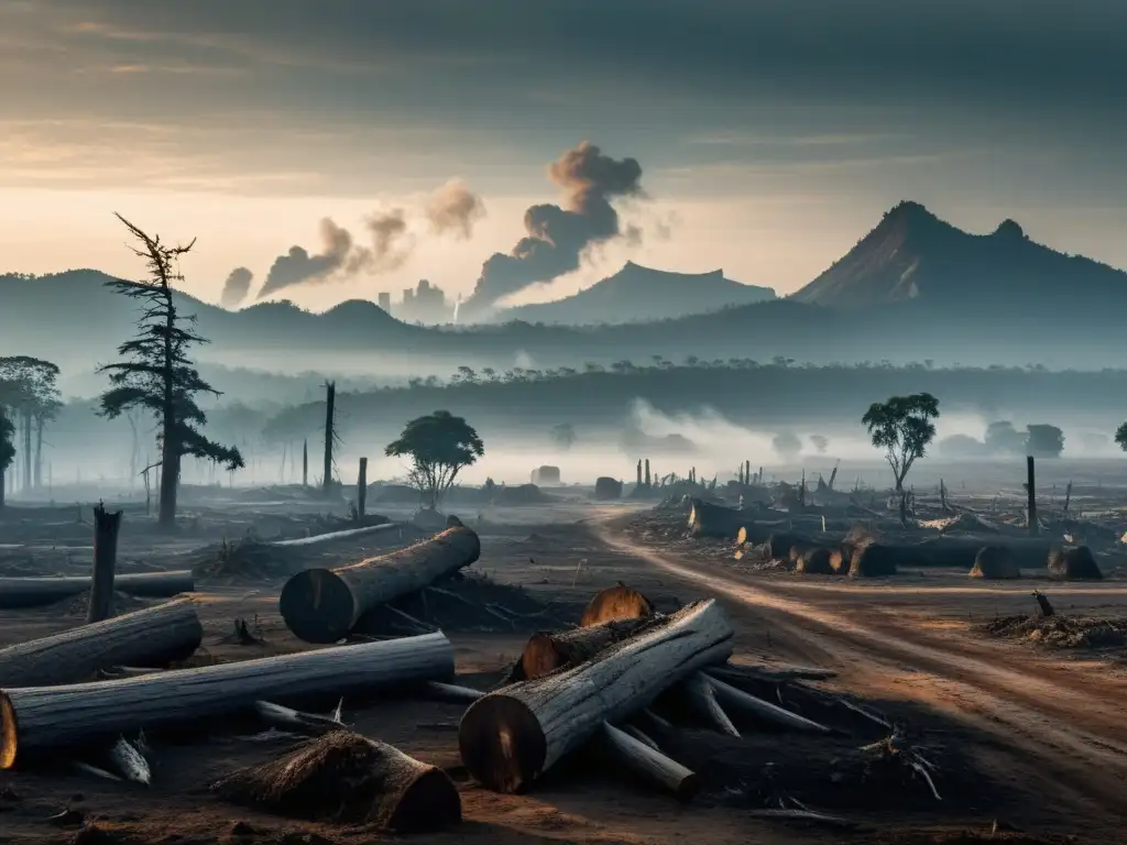 Un paisaje desolador de vasta deforestación, con troncos de árboles esparcidos y una densa capa de smog