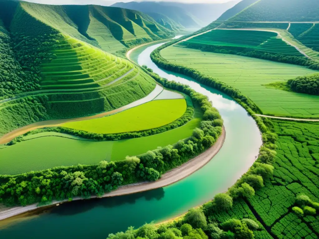 Un paisaje exuberante con un río cristalino que muestra la armonía entre la naturaleza y la minería responsable protección medio ambiente