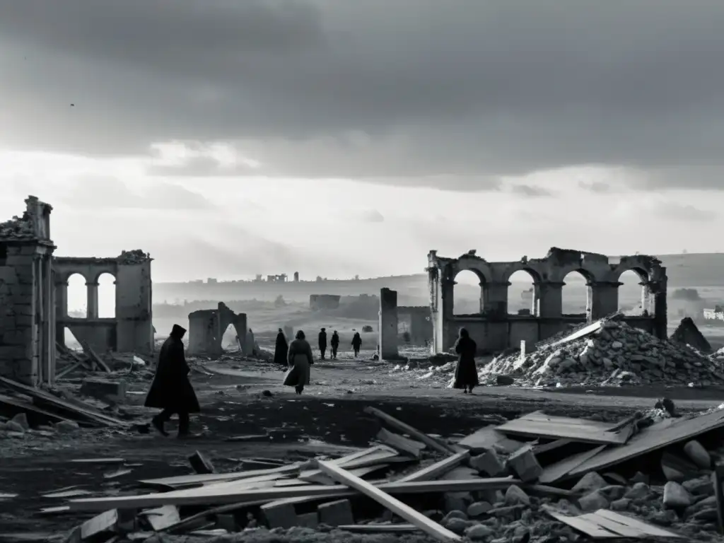 Desolación en paisaje de guerra, ruinas y cielo gris