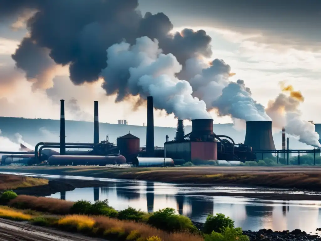 Un paisaje industrial desolador y contaminado, con una fábrica abandonada y humo tóxico, refleja la responsabilidad por daño ambiental global