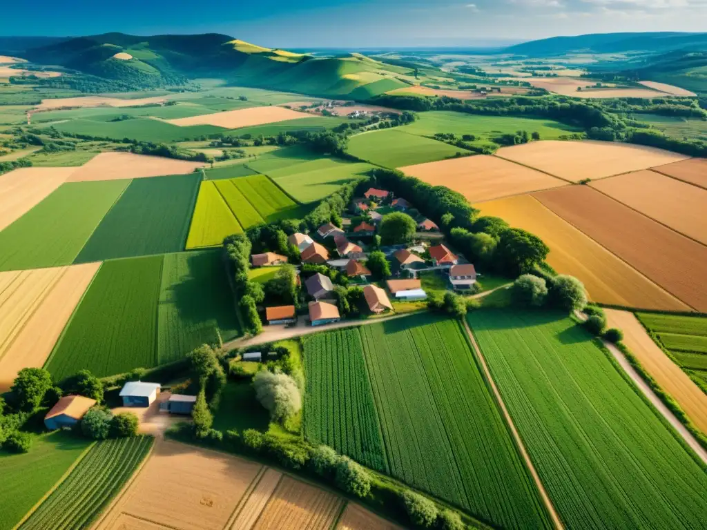 Un paisaje rural con casas dispersas, caminos de tierra y campos, ilustrando las diferencias de acceso digital entre zonas urbanas y rurales