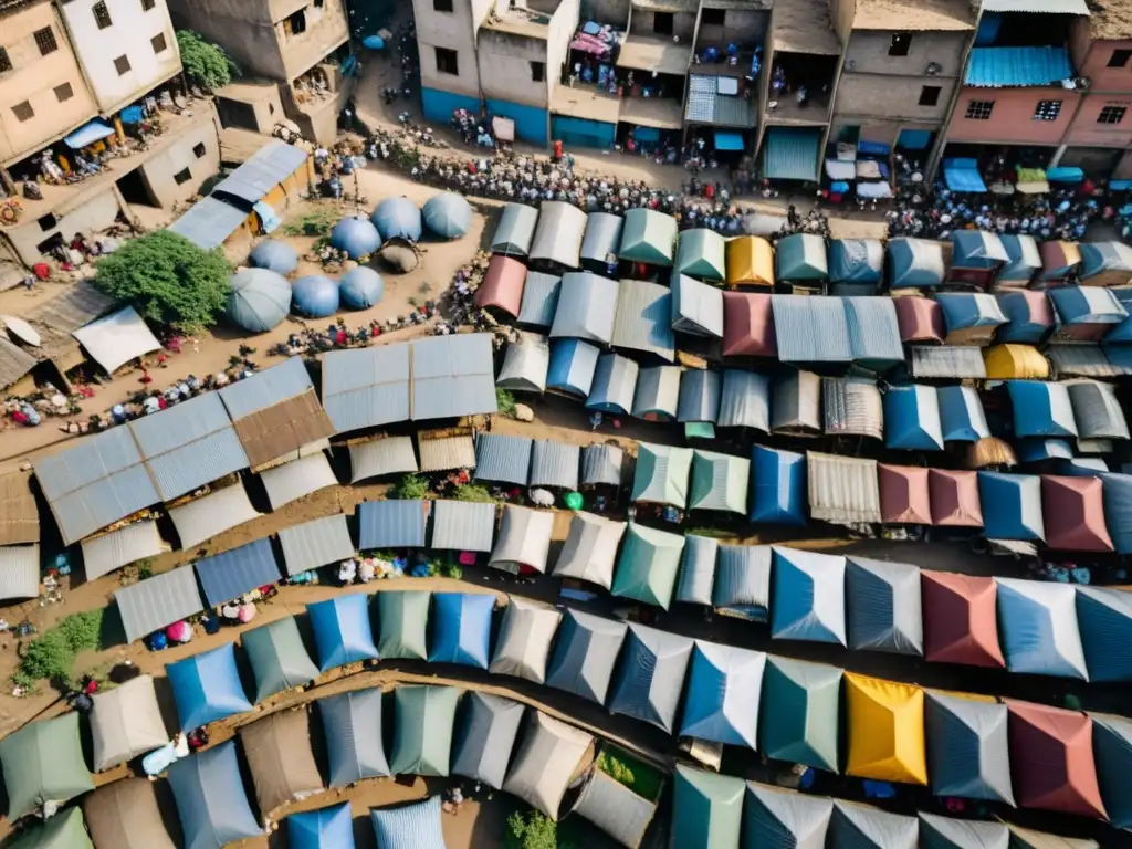 Paisaje urbano de barrio marginal con viviendas precarias, niños jugando y mujeres lavando ropa