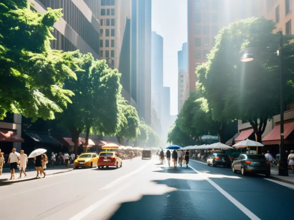 Paisaje urbano en verano, personas buscan sombra en la ciudad