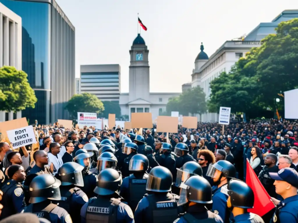 Manifestación con pancartas en ciudad, destacando impacto leyes antiterrorismo en libertades civiles