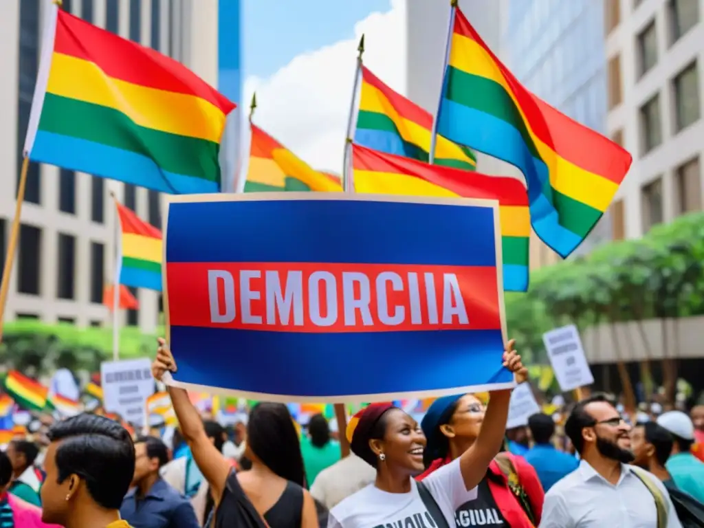 Manifestación con pancartas coloridas y banderas ondeando, movimientos democráticos remodelando políticas globales en una ciudad bulliciosa