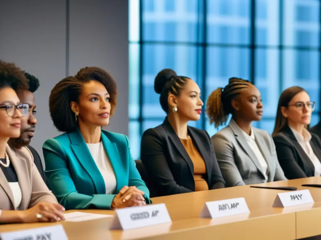 Un panel diverso de mujeres y hombres discute la brecha salarial de género en una sala de conferencias iluminada, destacando la importancia de enfrentar esta injusticia persistente