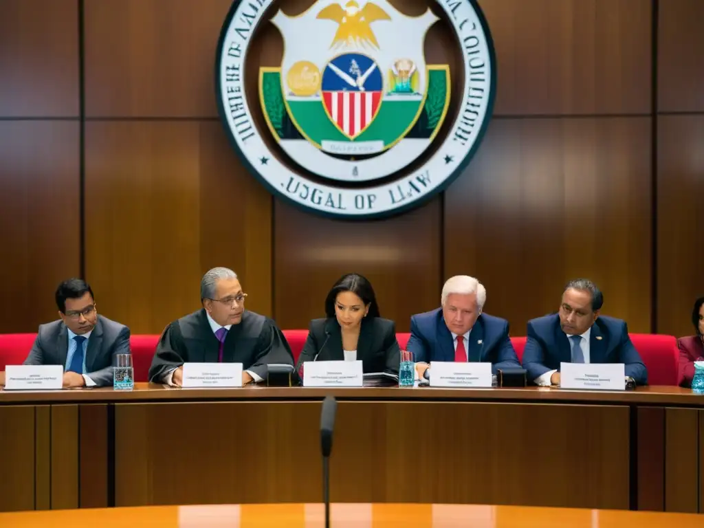 Panel de jueces en la Corte Interamericana de Derechos Humanos deliberando, rodeados de solemnidad y jurisdicción global