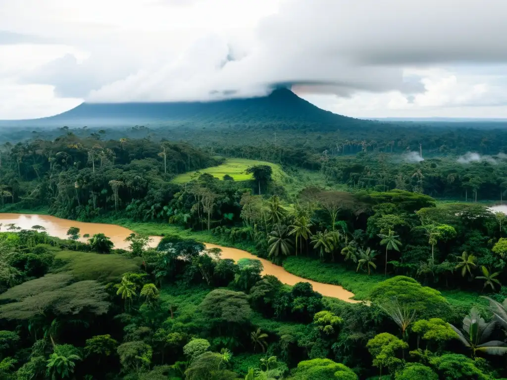 Panorama de la Amazonía ecuatoriana, con vida vegetal exuberante y actividades indígenas, mostrando la controversia de ChevronTexaco en Ecuador