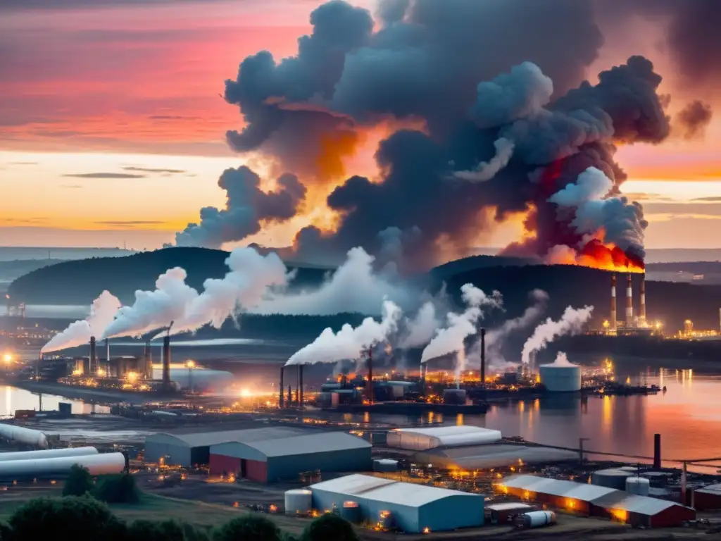 Una panorámica de una bulliciosa área industrial con fábricas emitiendo humo denso, tierras deforestadas y agua contaminada