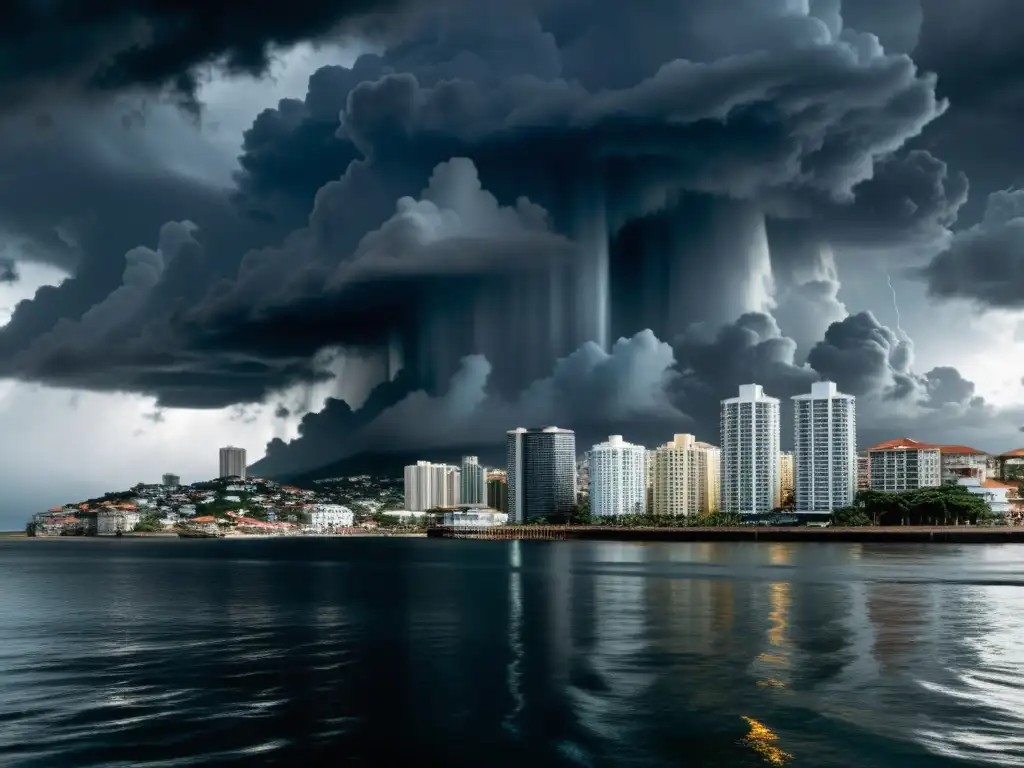 Panorámica de ciudad costera bajo nubes de tormenta, resaltando el impacto del cambio climático en comunidades costeras y la urgencia de abordar problemas ambientales en el marco de los derechos humanos