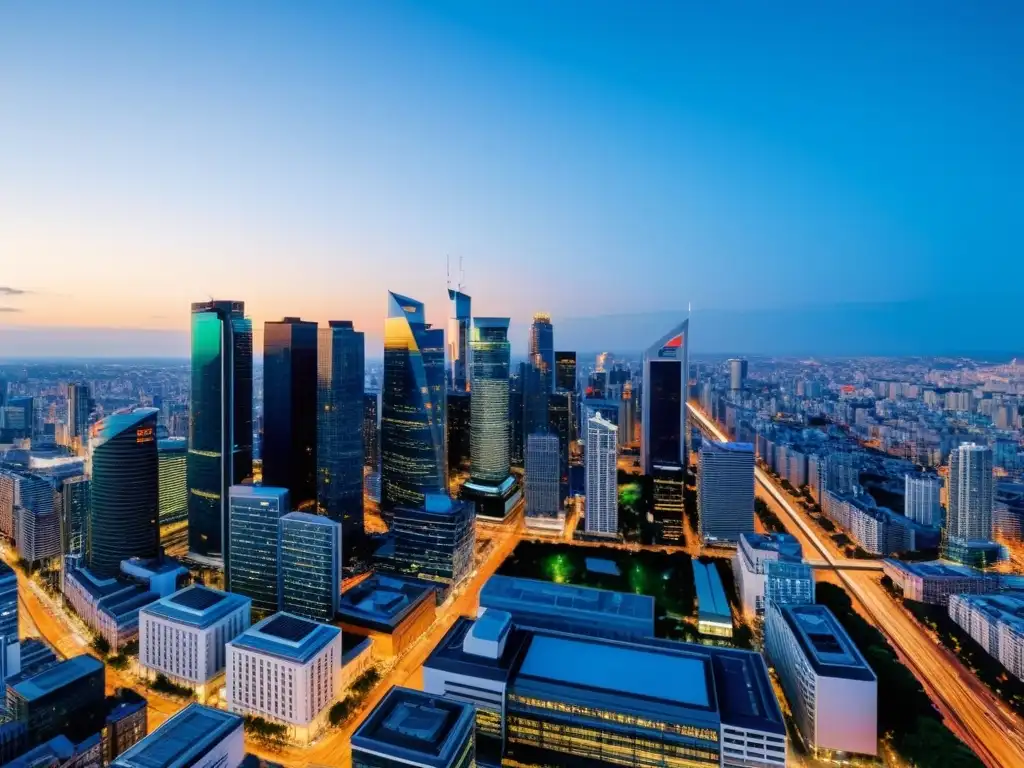 Panorámica de la ciudad moderna al anochecer, con rascacielos iluminados y calles llenas