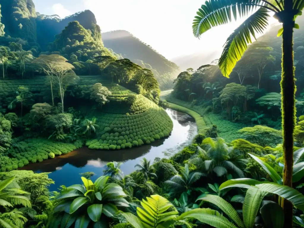 Panorámica de exuberante selva con árboles altos y flora variada