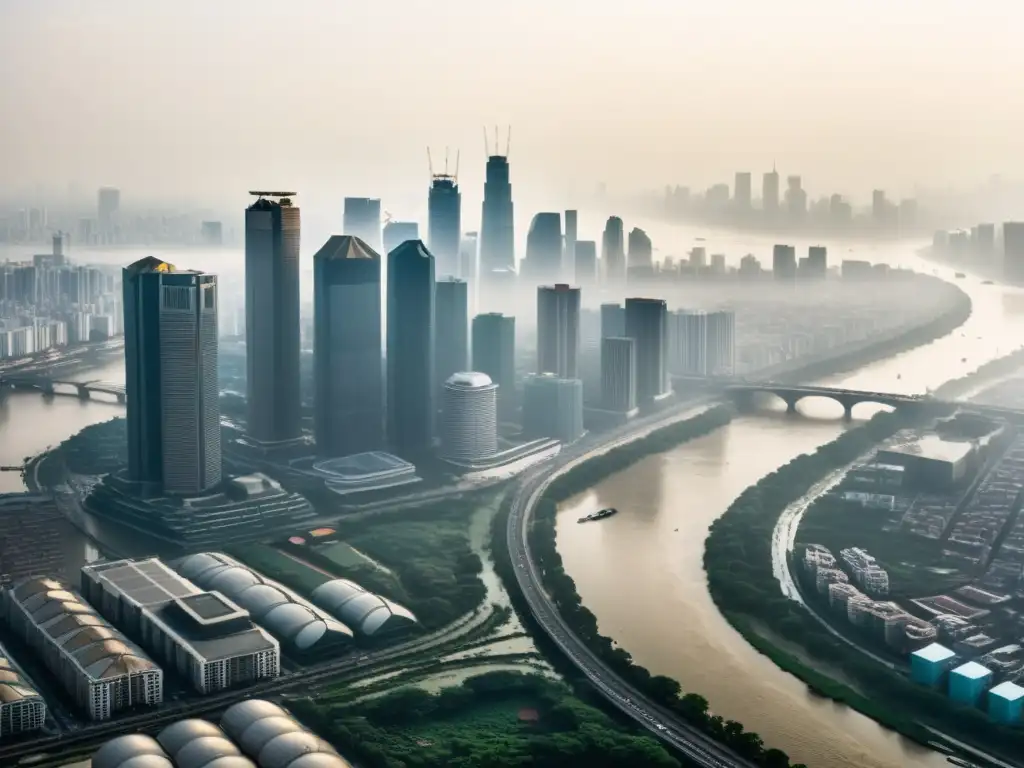 Una panorámica de una megaciudad densamente poblada, con rascacielos envueltos en smog y contaminación, y un río desbordado que inunda las calles