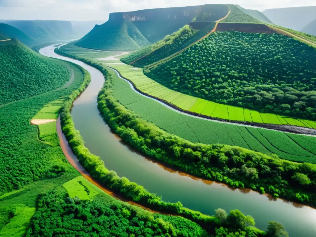 Panorámica de un paisaje verde con un río claro