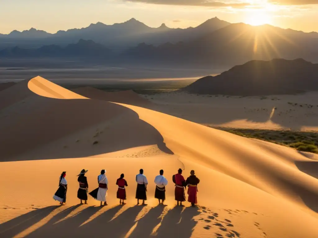 Panorámica sagrada de Wirikuta, desierto dorado con montañas, danza ceremonial de indígenas, conflicto minería lugares sagrados México