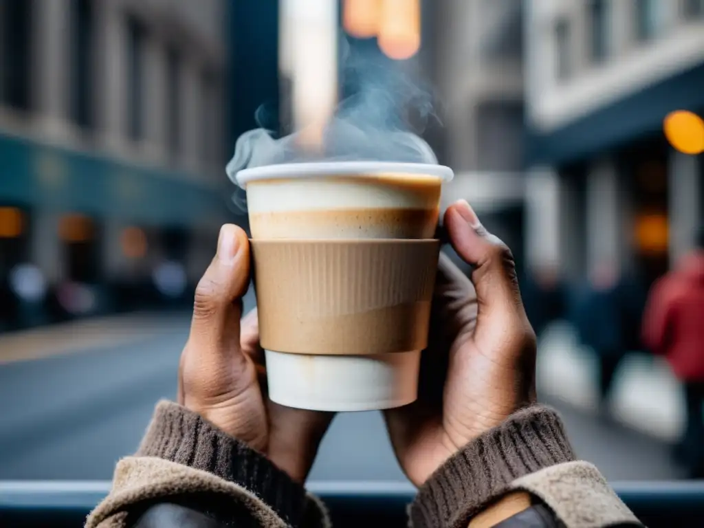 Un par de manos desgastadas sostienen una taza de café caliente, con vapor ascendente