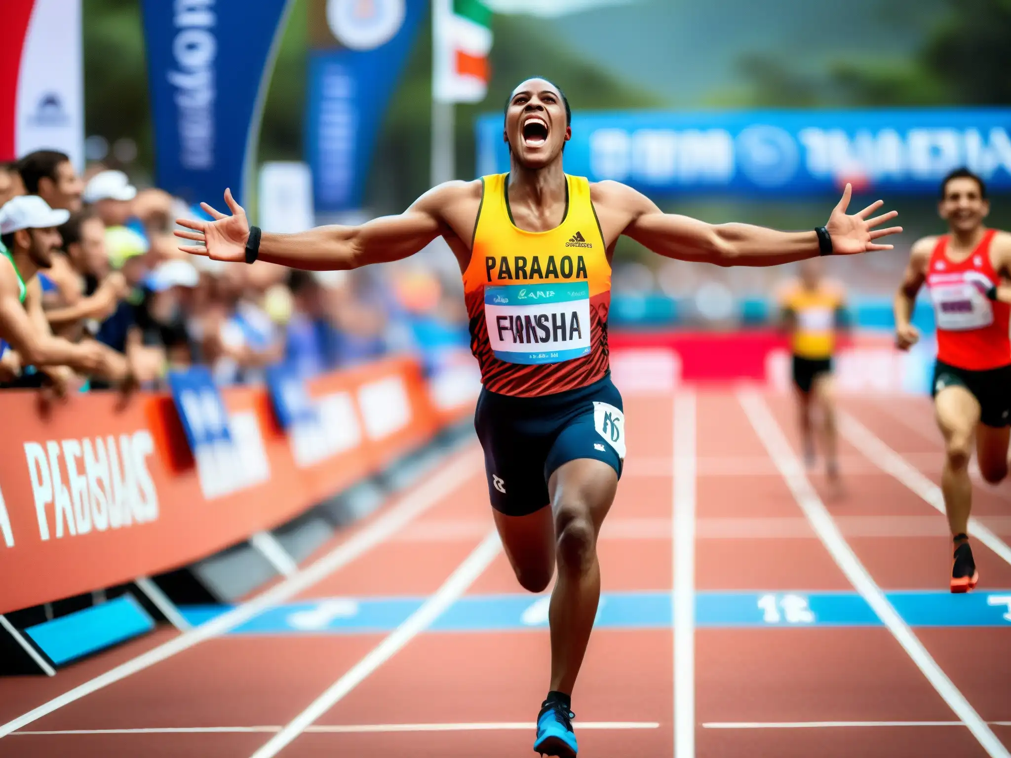 Un paraatleta cruza la meta con determinación, mientras el público irradia energía en las paraolimpiadas, mostrando el impacto en derechos humanos