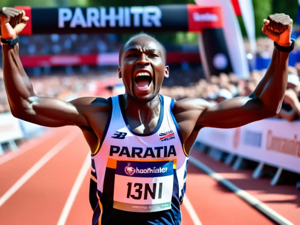 Un paraatleta cruza la meta con determinación y triunfo, rodeado de una multitud animada