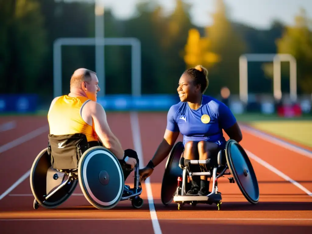 Diversos paraatletas se preparan para competir en una pista al atardecer, demostrando los derechos humanos en el deporte adaptado