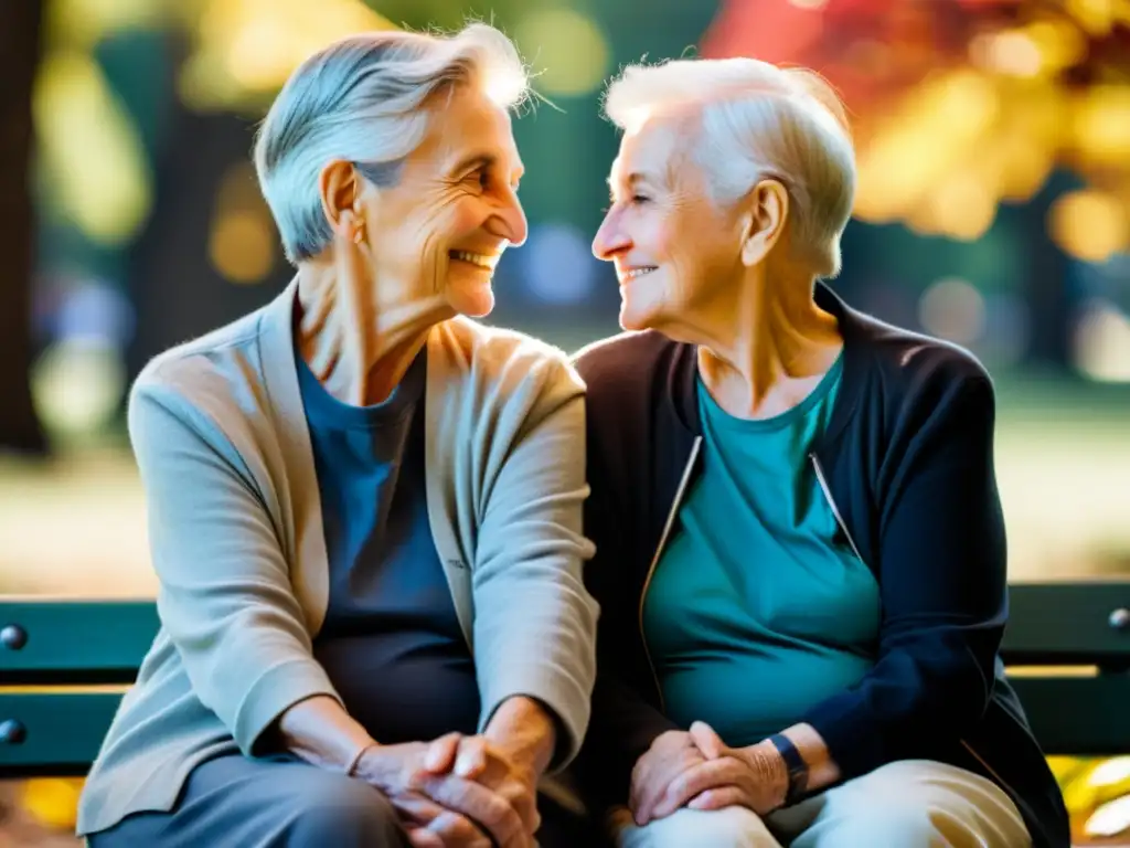 Una pareja de ancianos LGBTIQ+ se toma de las manos en un banco del parque, transmitiendo amor y resiliencia