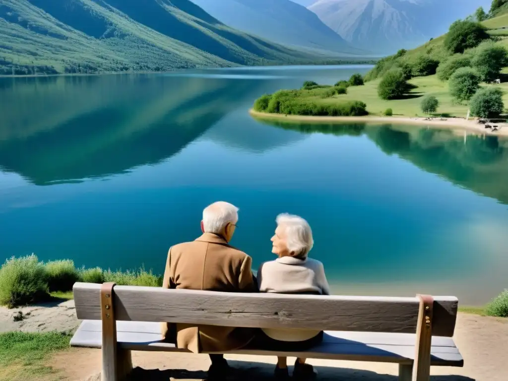 Una pareja mayor se sienta en un banco, mirando un lago sereno