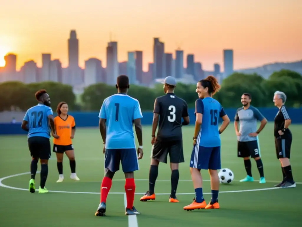 Partido amistoso al atardecer en el campo, promoviendo la integración de inmigrantes a través del deporte