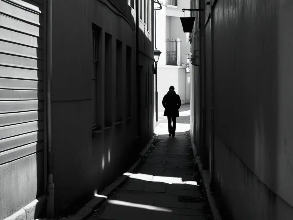 En la penumbra de un callejón, un niño abraza sus rodillas con expresión de miedo y desesperanza