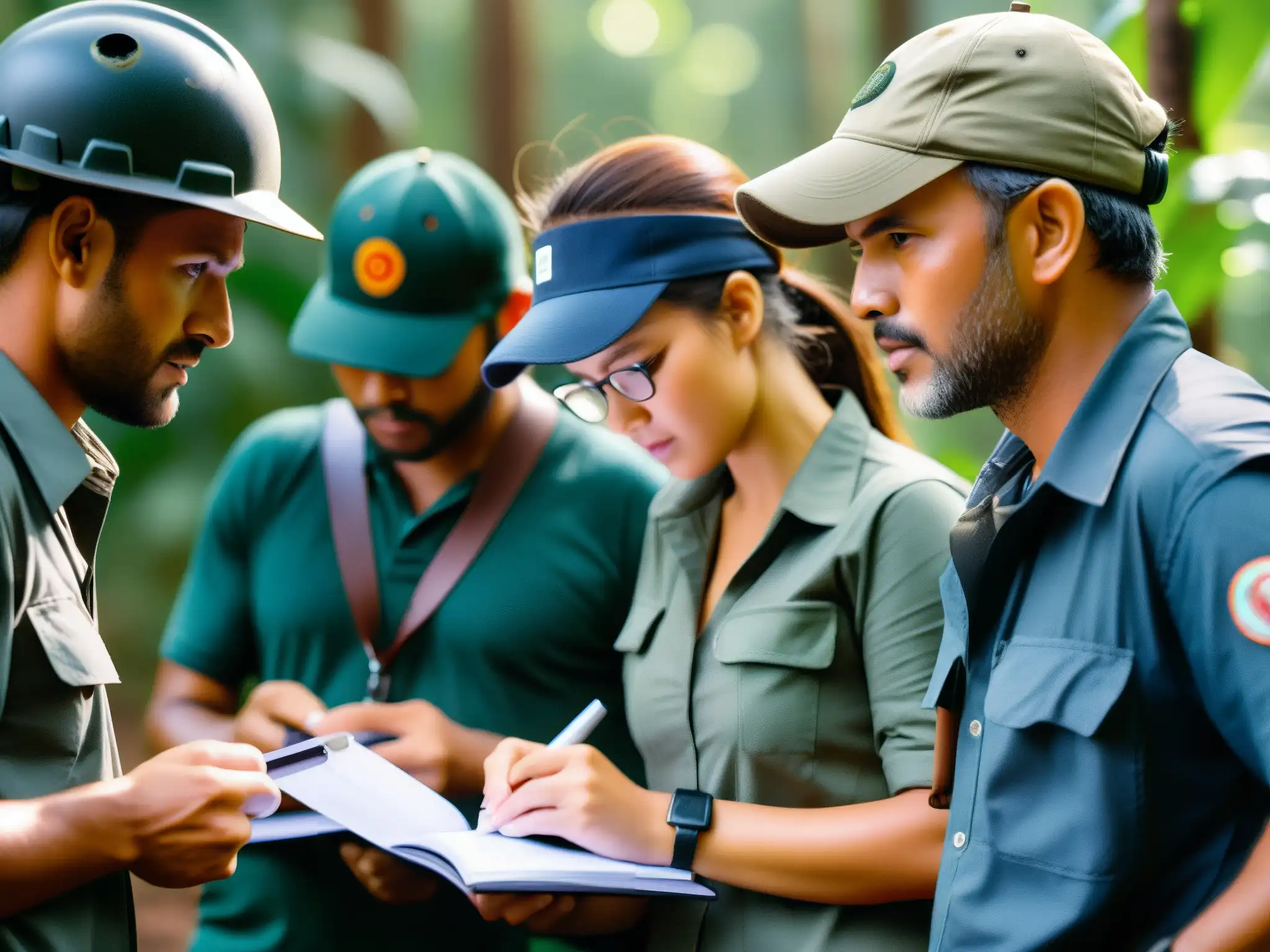 Periodismo ambiental protección tierra: Periodistas ambientales documentan la devastación de un bosque, reflejando determinación y preocupación