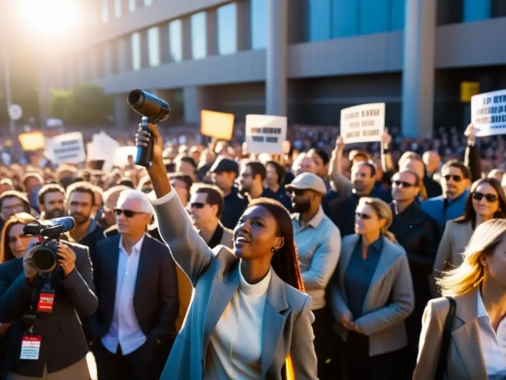 Periodismo como herramienta de cambio: periodistas informan en una protesta, capturando la emotividad y energía del momento