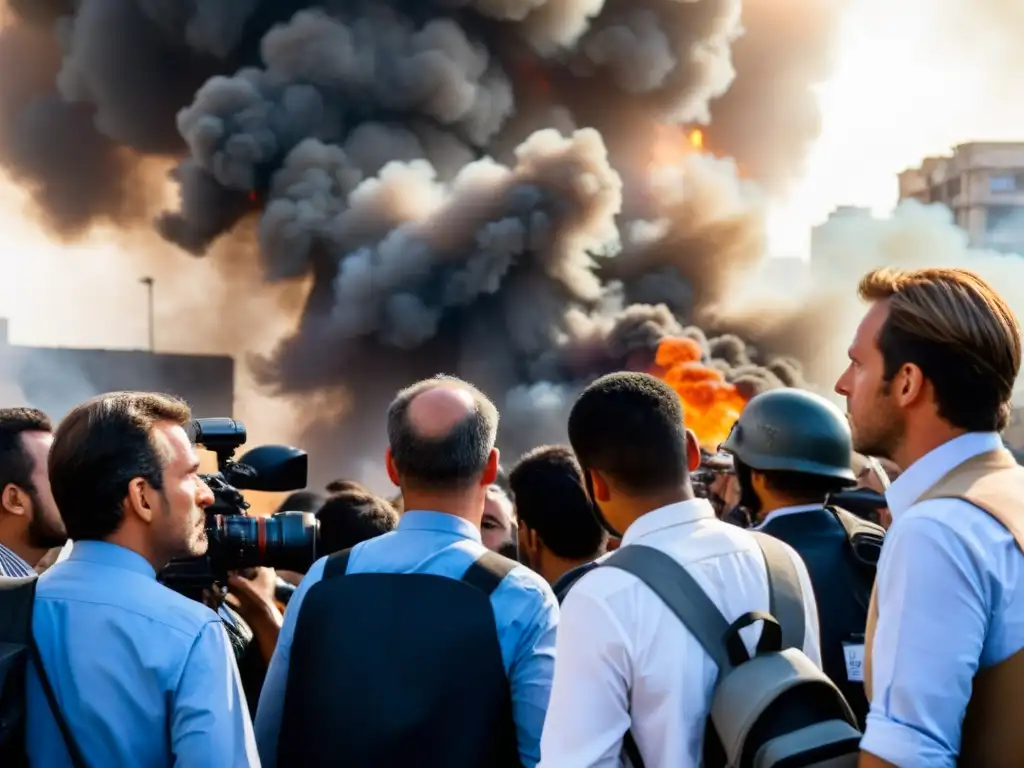 Periodismo valiente documentando protesta caótica, transmitiendo determinación y riesgos en la búsqueda de la verdad en conflicto global