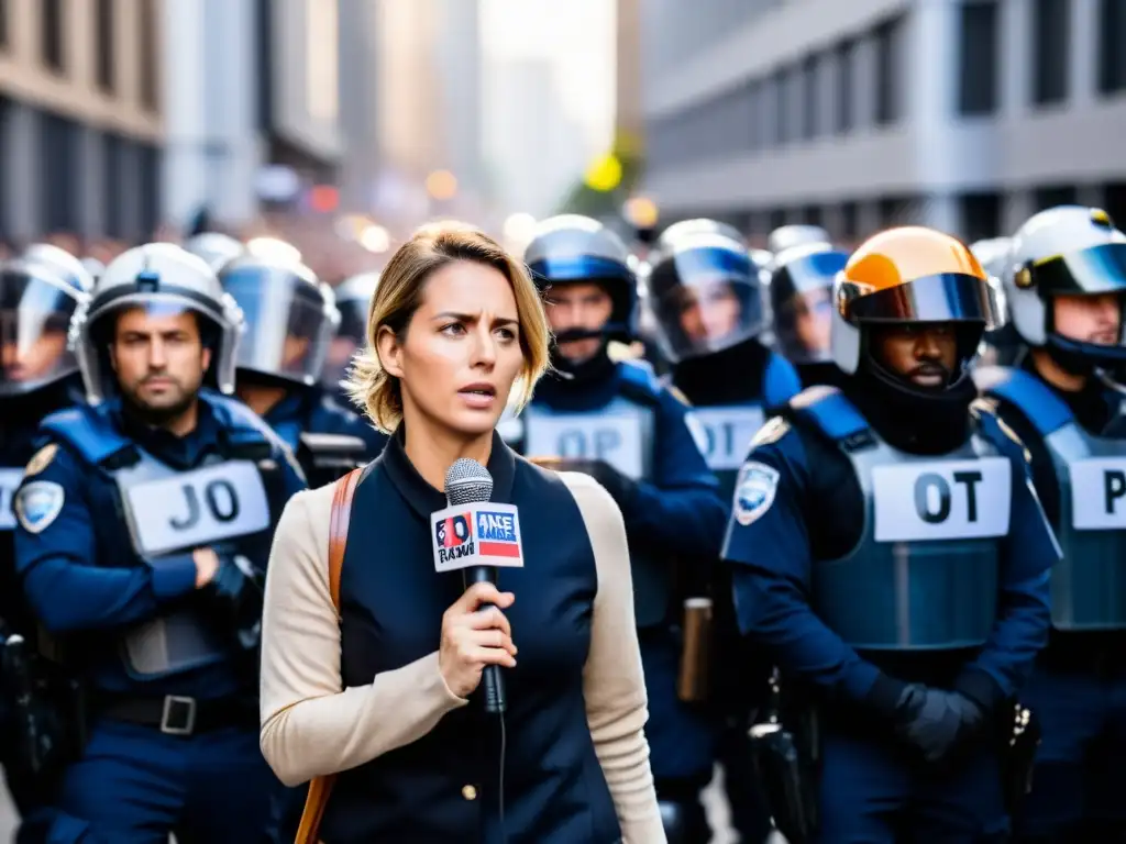 Un periodista desafiante enfrenta a la policía en una calle llena de protestas