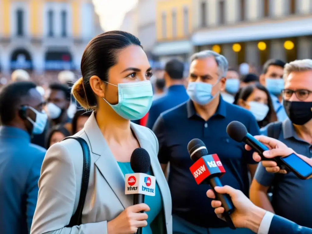 Periodista con mascarilla entrevistando en plaza llena, desafiando la pandemia y resaltando la libertad de prensa