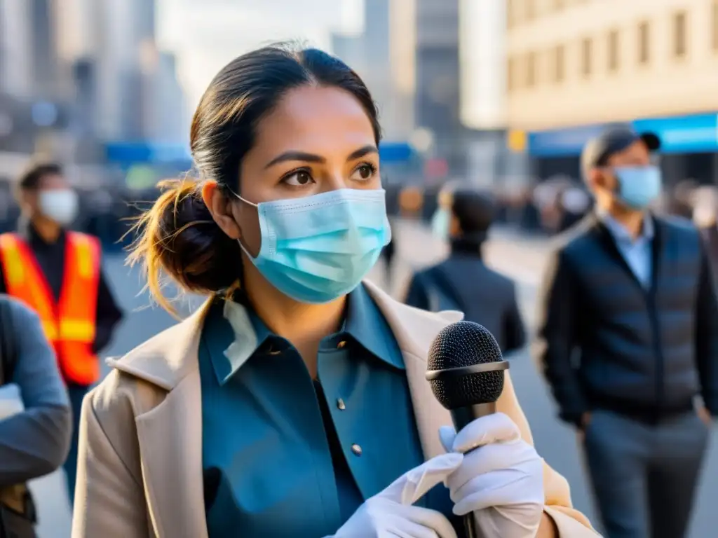 Un periodista desafía la pandemia, entrevistando con mascarilla y guantes en una ciudad con distanciamiento social