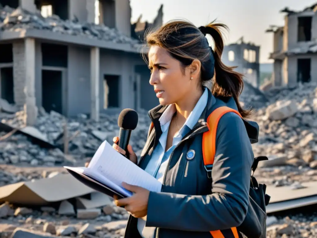 Periodista entrevistando a sobreviviente en zona de guerra, mostrando compasión y determinación