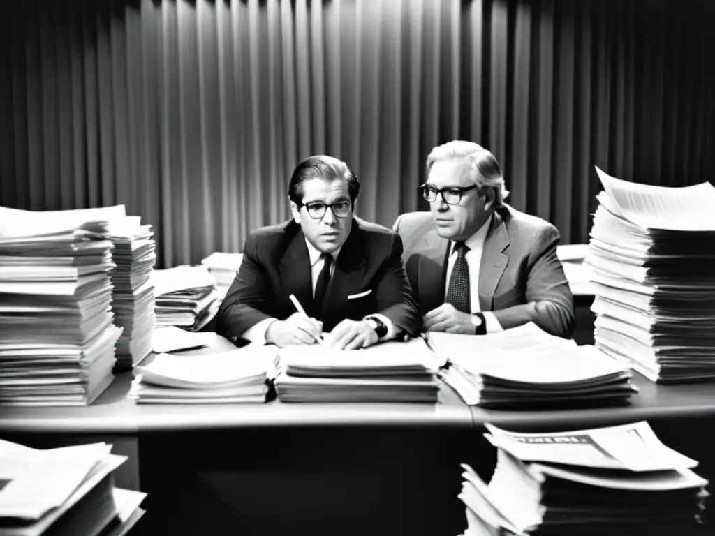Periodismo de investigación en Watergate: Determinación y verdad Periodistas Bernstein y Woodward investigando el escándalo Watergate, reflejando la intensidad y determinación de la libertad de prensa en Watergate
