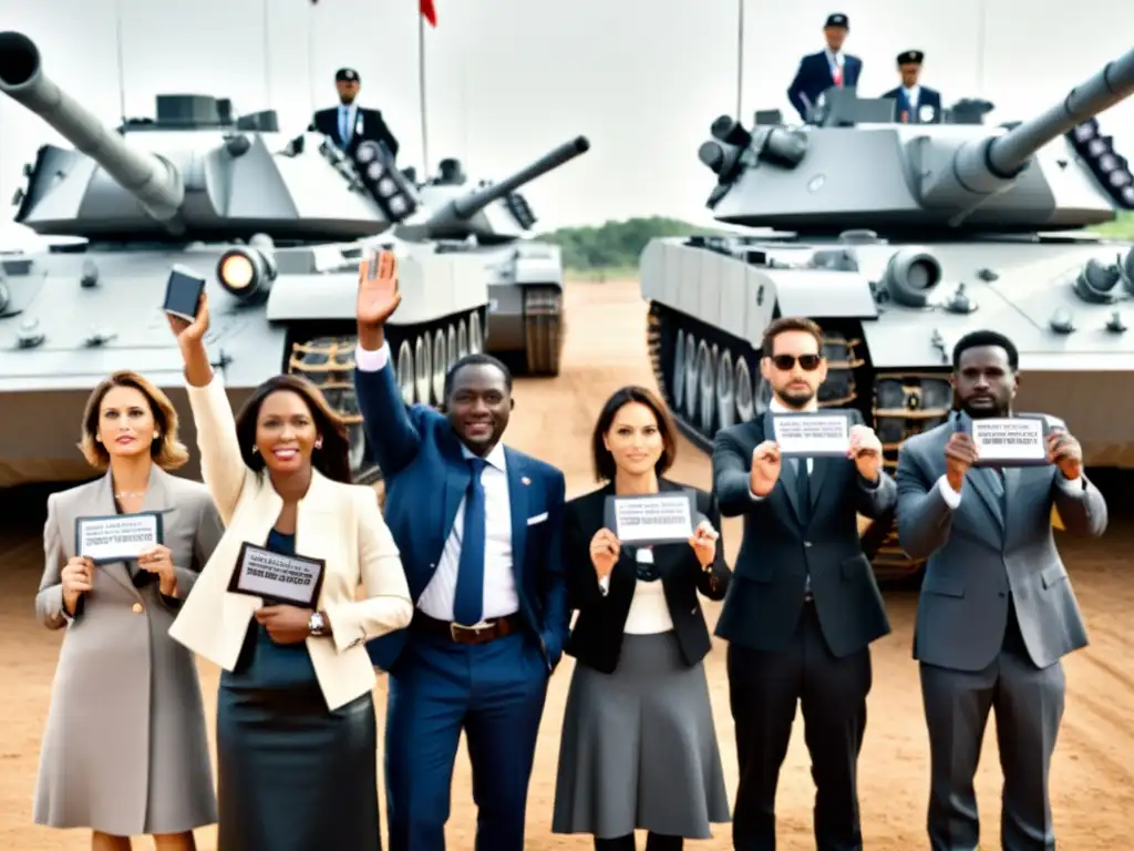 Periodistas desafían censura global, posando valientemente frente a tanques militares en una imagen histórica de determinación y resistencia