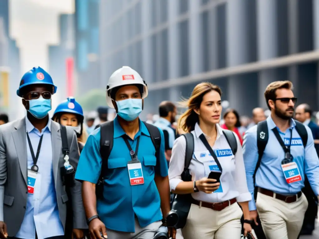 Periodistas con protección y determinación en la ciudad, reflejando la necesidad de leyes internacionales para su seguridad