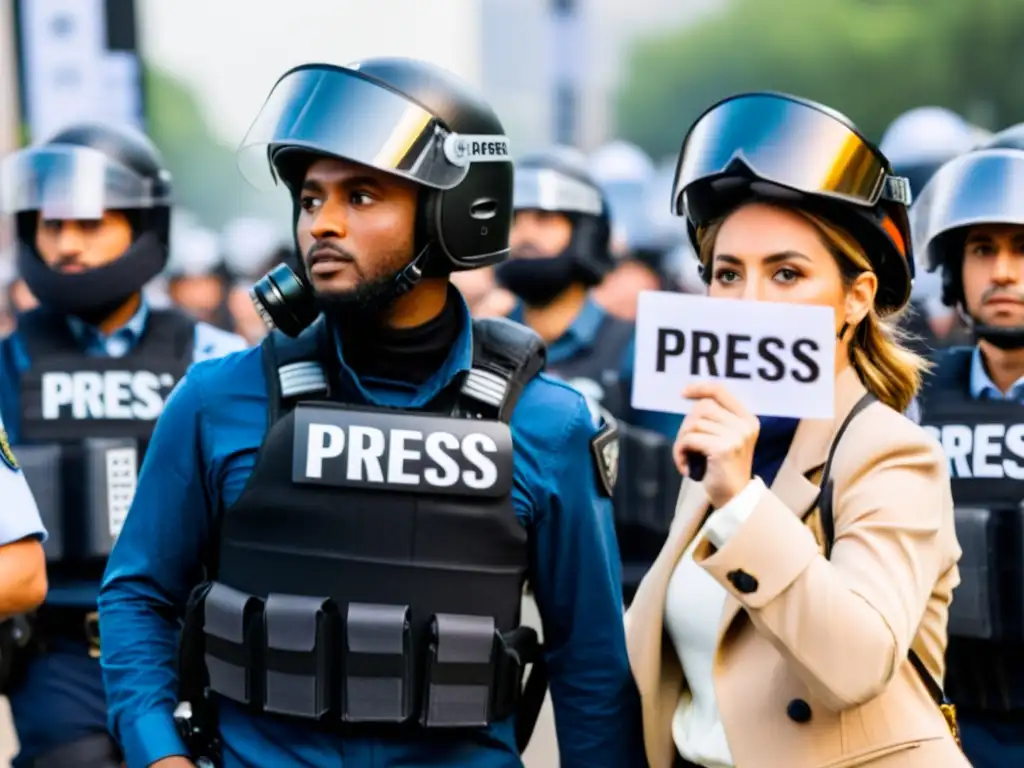 Periodistas enfrentan desafíos en protesta, mostrando 'Protección libertad expresión periodistas' en chalecos