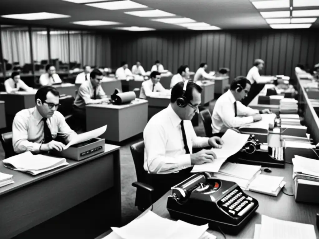 Periodistas en la sala de redacción durante el Watergate Periodistas trabajan con intensa concentración en una redacción durante el escándalo Watergate, reflejando la libertad de prensa en Watergate