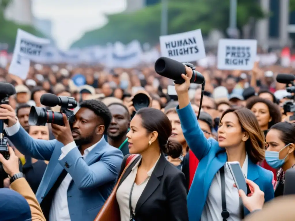 Periodistas capturando la intensidad de una protesta por los derechos humanos, reflejando determinación y emoción