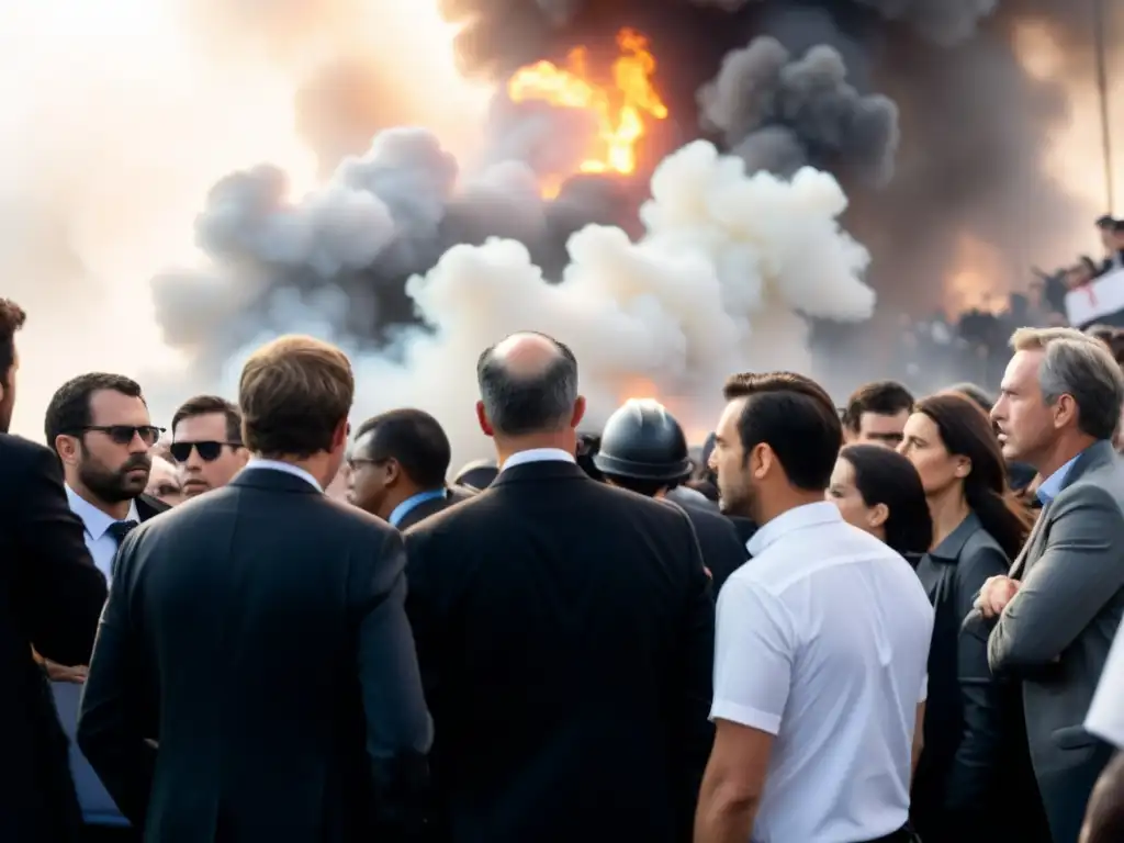 Periodistas en la línea de fuego capturando la intensa atmósfera de un caótico protesta, con expresiones determinadas en sus rostros