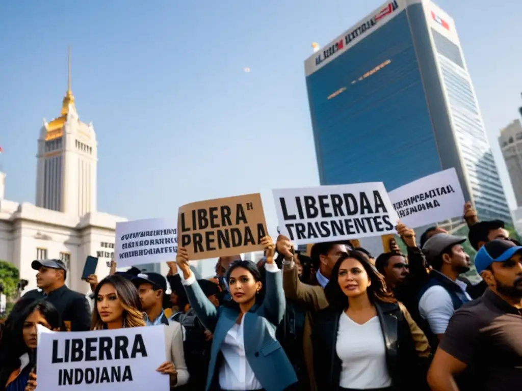 Periodistas y manifestantes luchan por 'Medios independientes contra propaganda estatal' frente a un edificio gubernamental, con cámaras y letreros que claman por libertad y transparencia