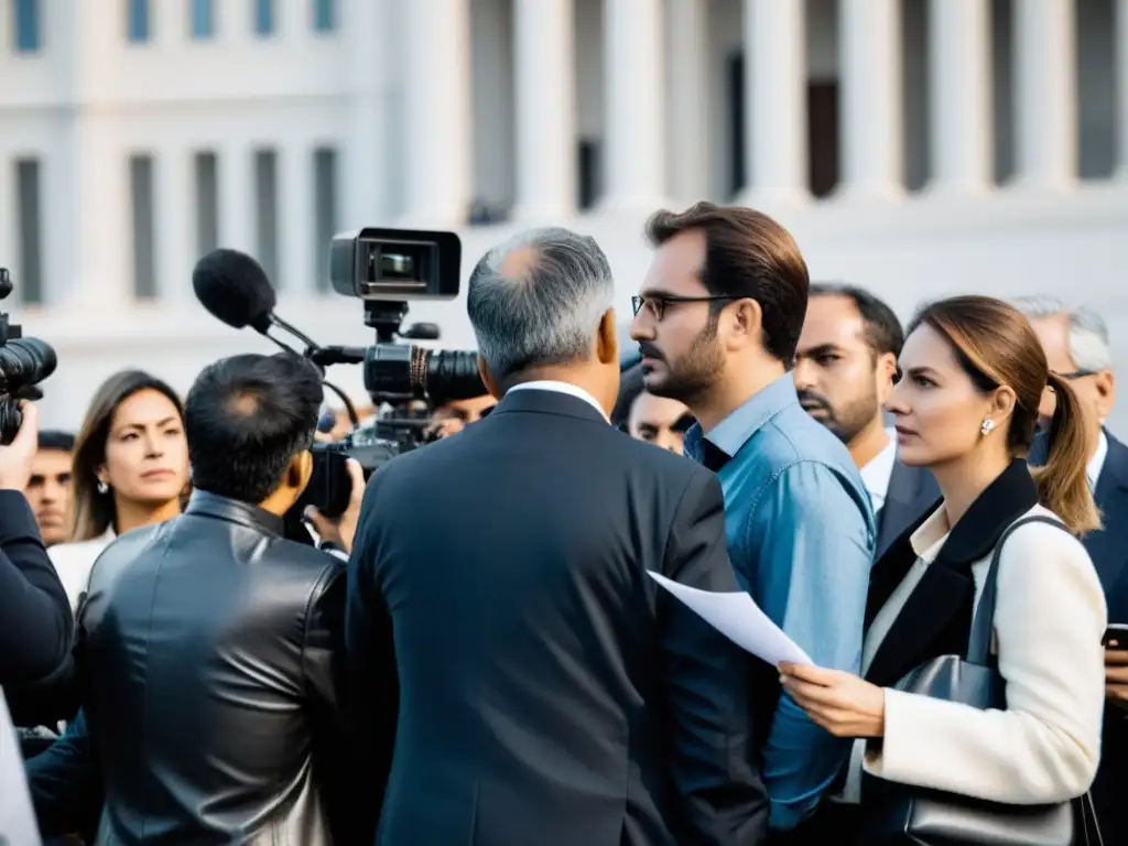 Periodistas de prensa alternativa documentando valiente protesta por derechos humanos frente a un edificio gubernamental